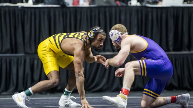 Missouri's Josh Edmond and Northern Iowa's Cael Happel